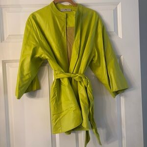 Natori Pear Chartreuse Kimono Faux Leather Topper Jacket with Belt VGUC